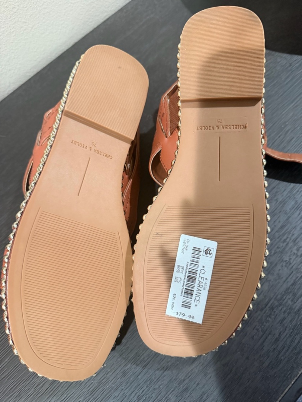 Chelsea & Violet Cognac Braided-Trim Slide Sandals